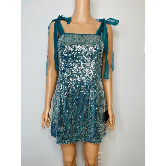 Lulus Dazzling Spectacle Teal and Silver Sequin Mini Dress Tie-Strap size S New - Picture 5 of 11